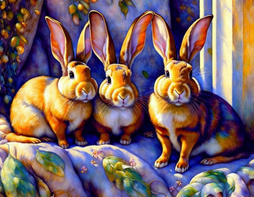 Colorful anthropomorphic rabbit trio in whimsical painting style