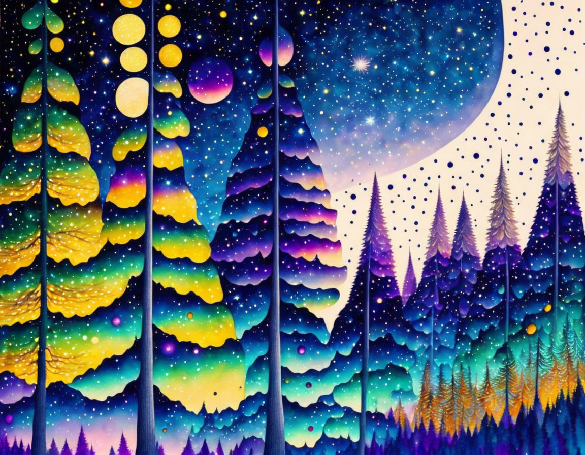 Colorful Watercolor Illustration: Whimsical Night Forest with Layered Trees, Starry Sky