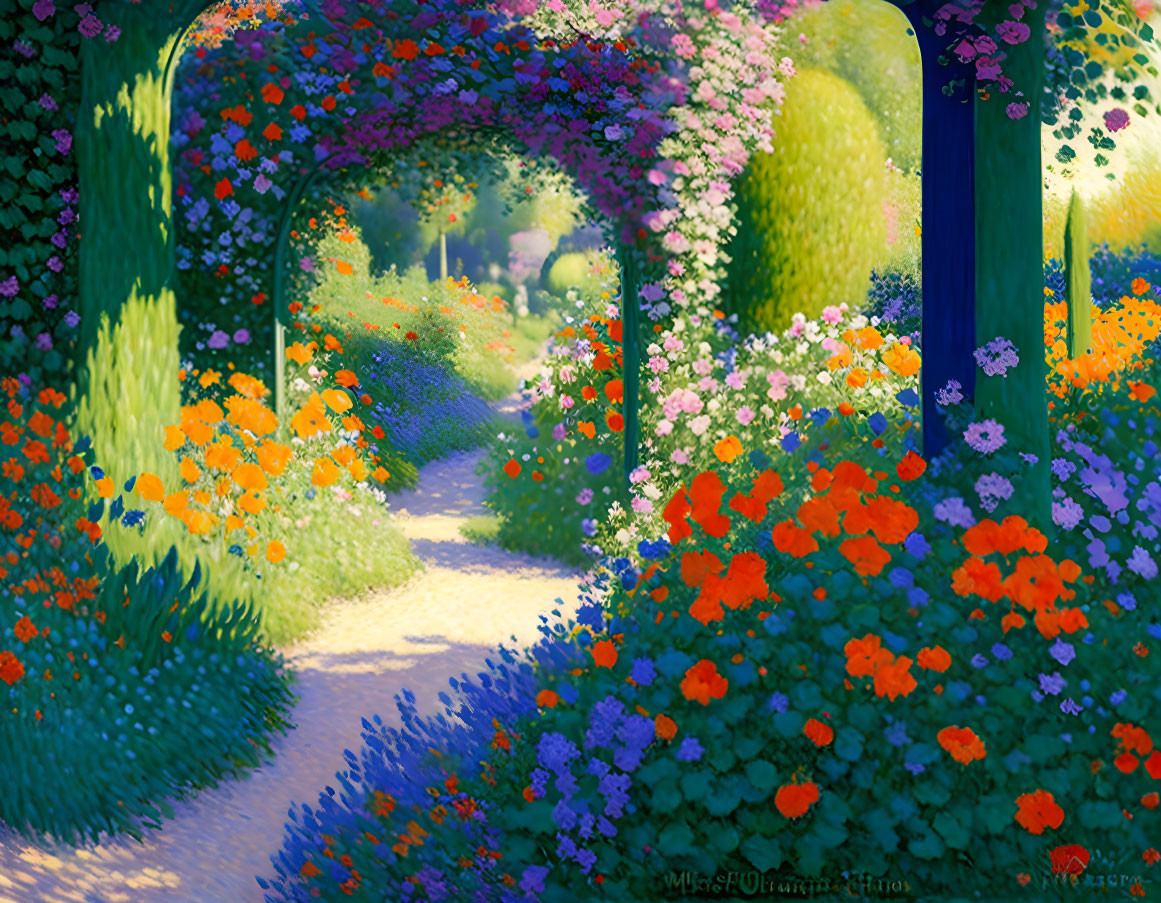 Colorful Flower Garden Path with Blooming Archway