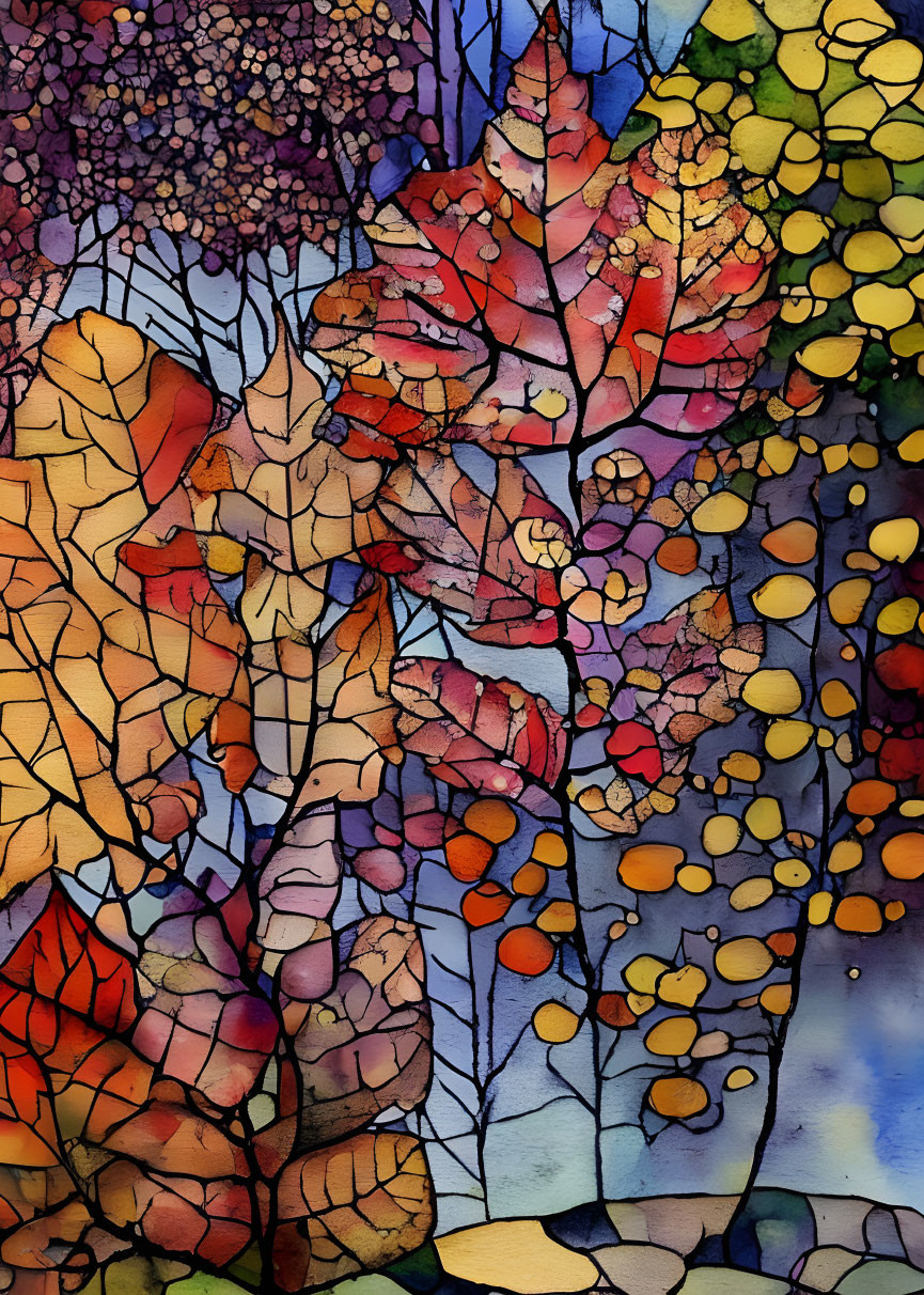 Colorful Stylized Autumn Leaves Stained Glass Art