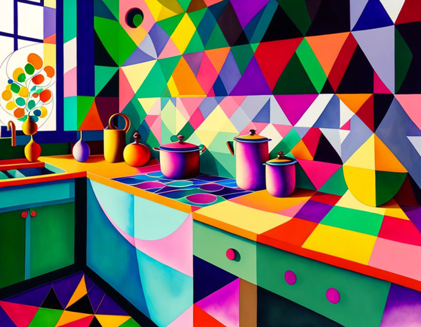 Colorful geometric kitchen with pots, multicolored floor, and whimsical tree view.