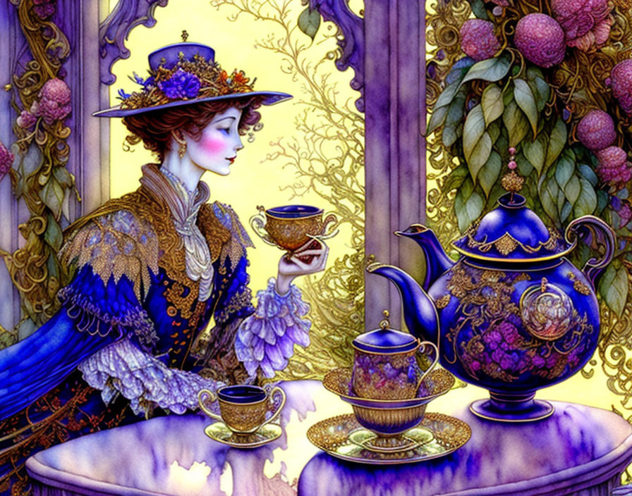 Woman in Blue Dress with Teacup and Fancy Hat in Elegant Tea Setting