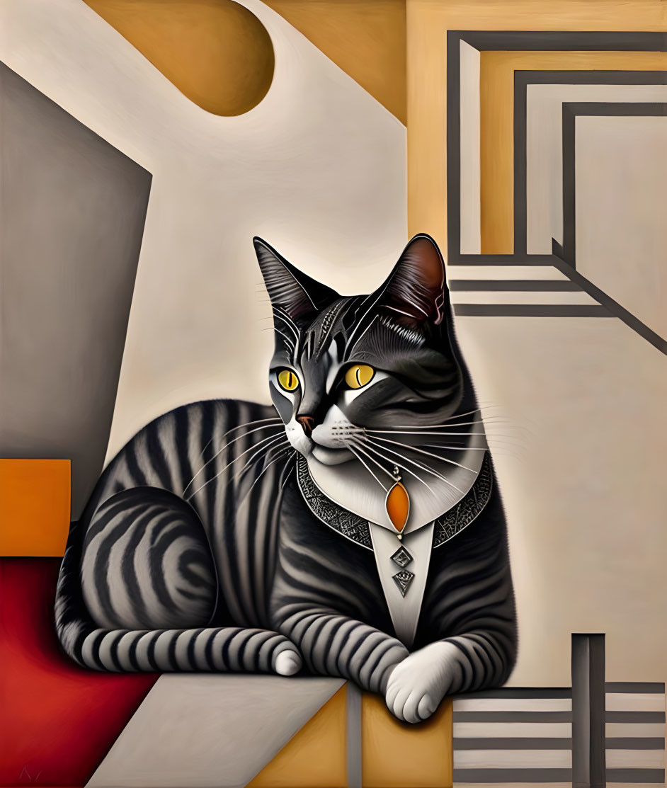 Striped cat with pendant in room of geometric shapes & warm colors