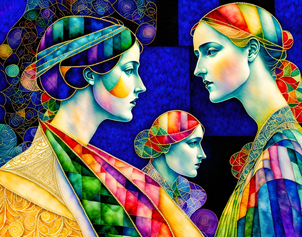 Colorful digital artwork: Stylized female faces with geometric patterns