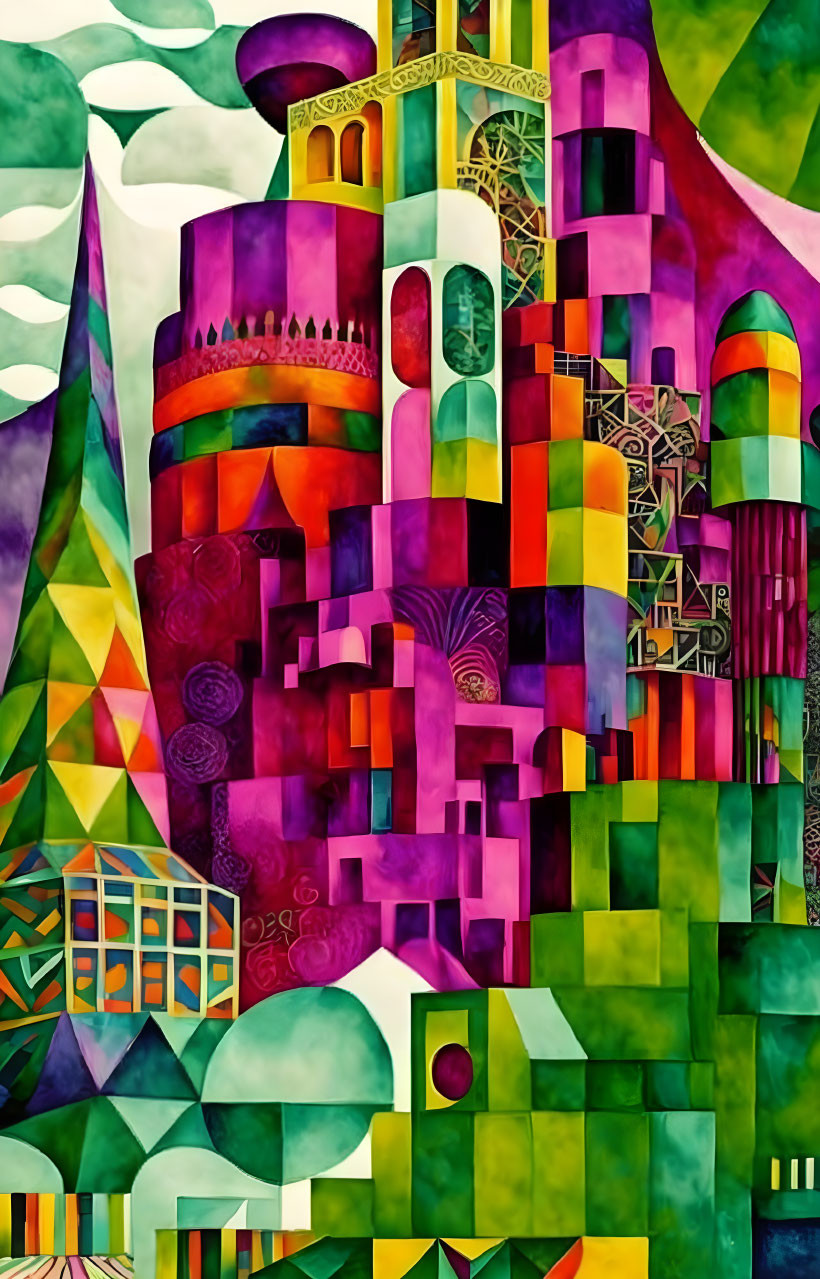 Colorful Abstract Painting of Whimsical Castle & Nature Patterns