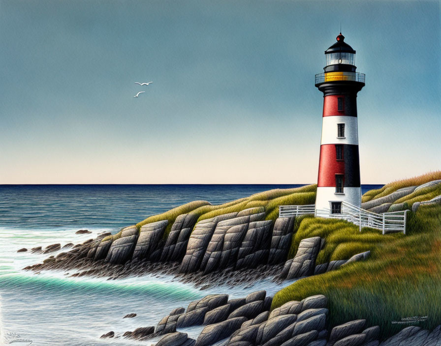 Tranquil coastal painting with red and white lighthouse, calm sea, rocky terrain, and birds