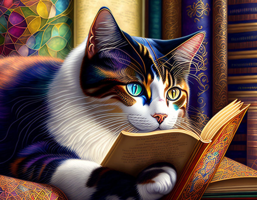 Calico cat with blue eyes reading book among vintage books & stained-glass window