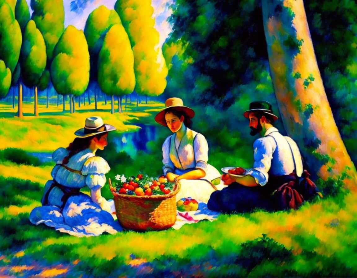 Vintage Attired Trio Picnicking in Sunny Setting