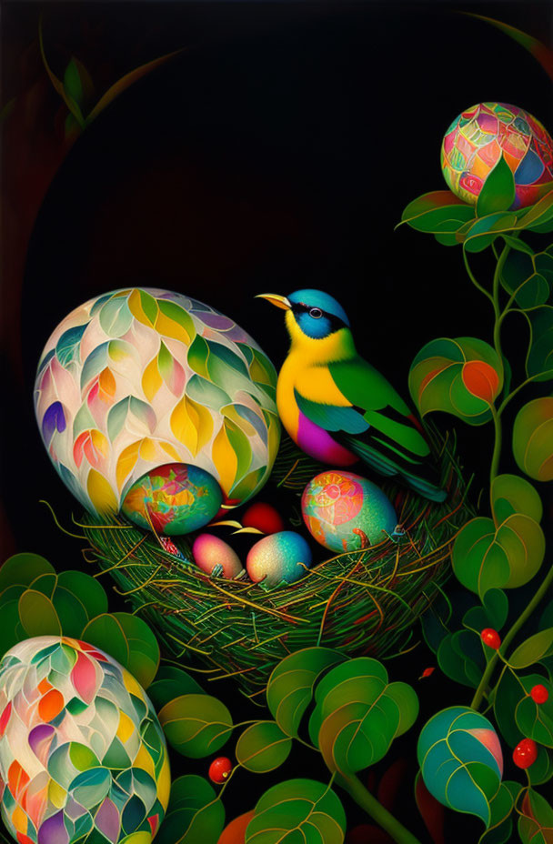 Colorful Bird Nest with Ornate Eggs and Foliage on Dark Background