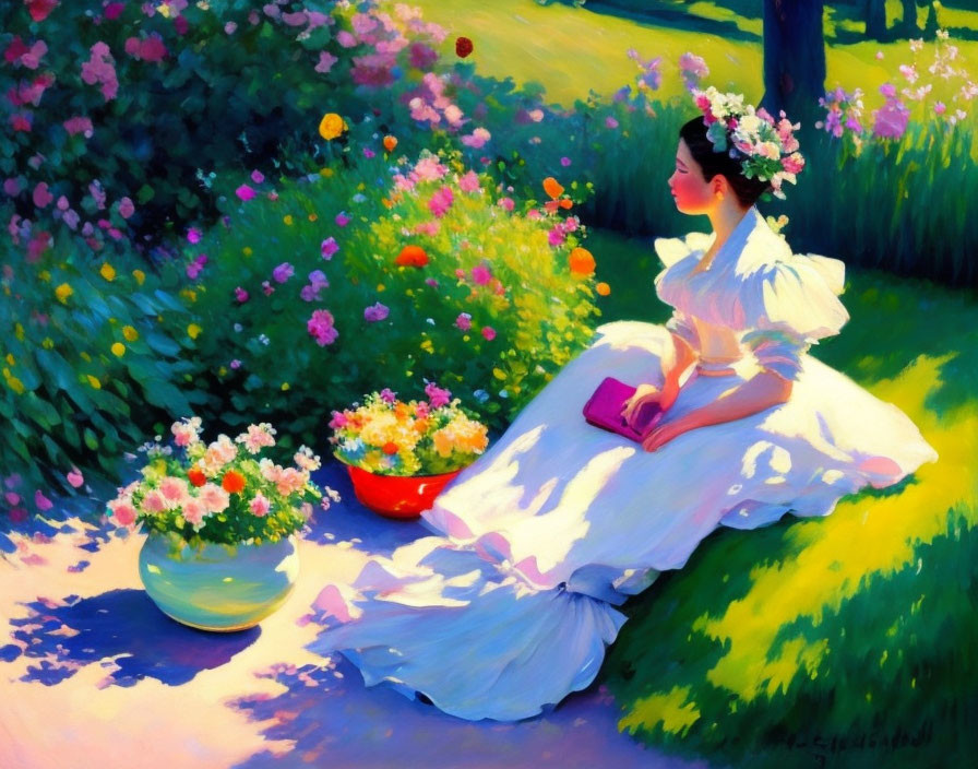 Woman in white dress with floral wreath reading in vibrant garden