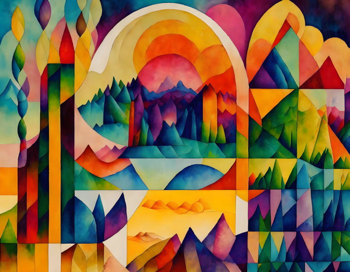 Vibrant Abstract Geometric Landscape Painting with Stained Glass Style