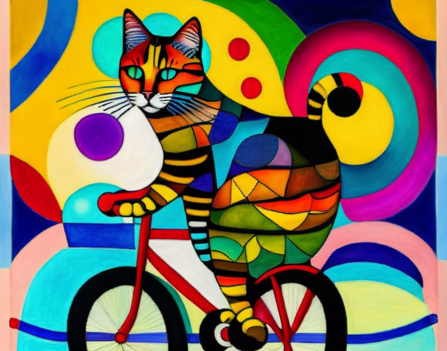 Vibrant abstract cat painting with geometric patterns on a bicycle