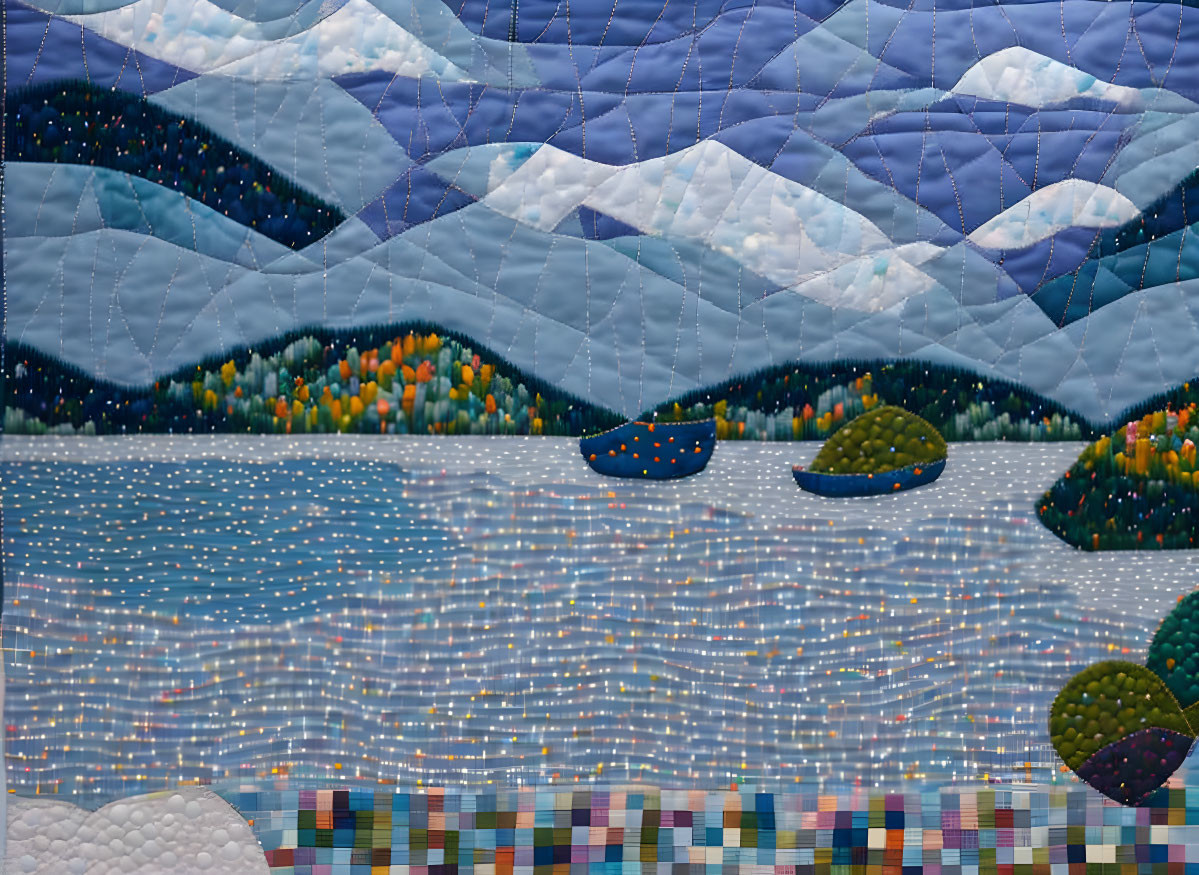 Quilted landscape of serene lake, hills, autumn trees, and starry sky