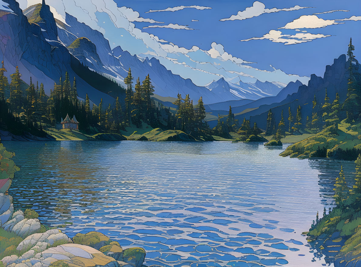 Tranquil lake landscape with mountains and evergreen trees
