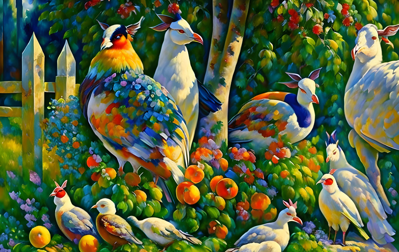 Vibrant birds with fruit and flower feathers in lush setting