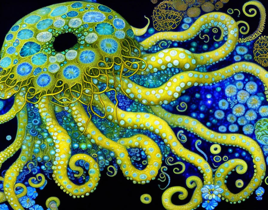 Colorful Octopus Artwork with Blue, Green, and Yellow Patterns