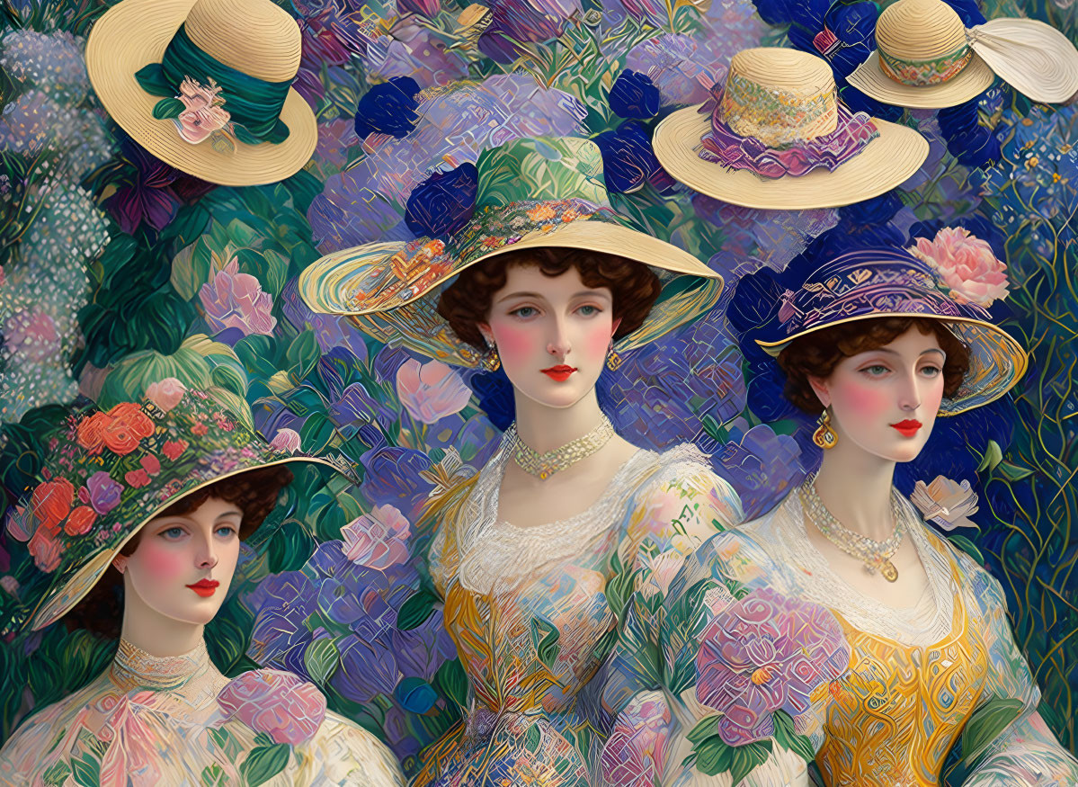 Vintage Dresses and Hats on Three Women in Floral Setting