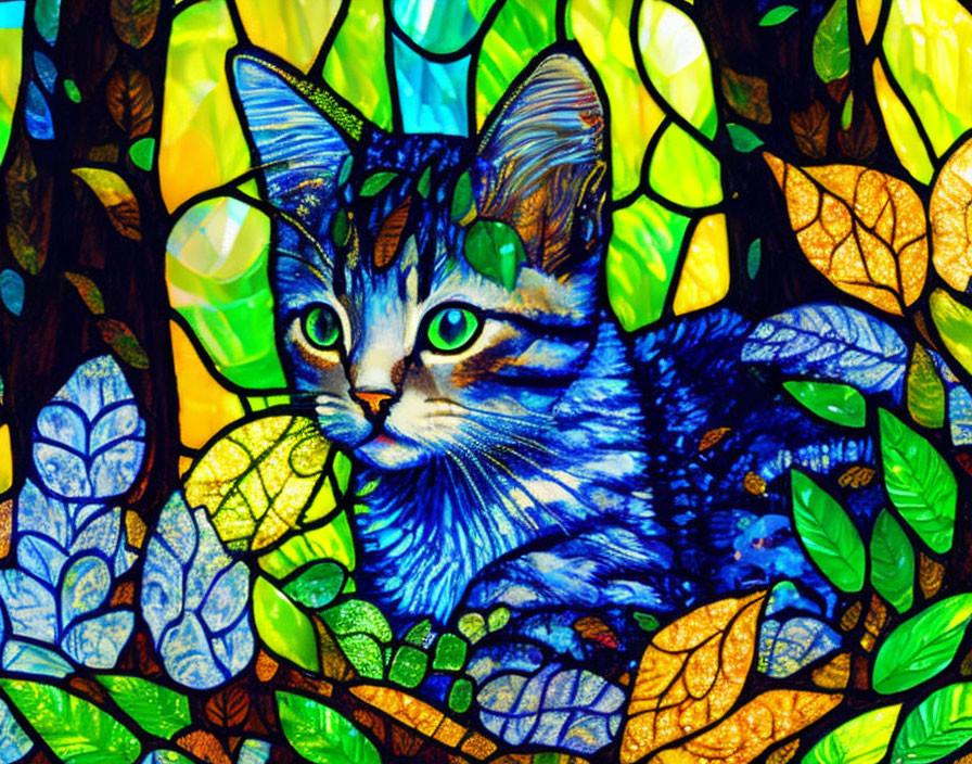 Colorful Stained Glass Artwork of Blue-and-White Cat in Nature