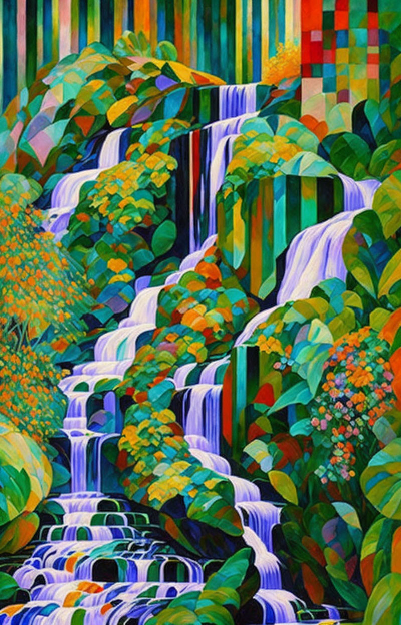 Colorful Painting: Cascading Waterfall & Lush Vegetation