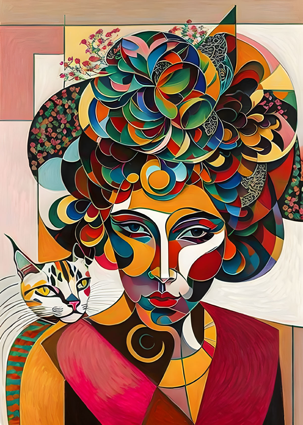 Vibrant abstract portrait of stylized woman with ornate hair and patterned cat on geometric backdrop