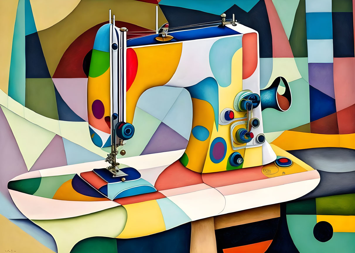 Vibrant abstract cubist painting of a sewing machine