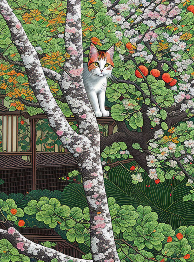 Unique Patterned Cat on Blossoming Tree Branch Overlooking Traditional Houses amid Lush Foliage