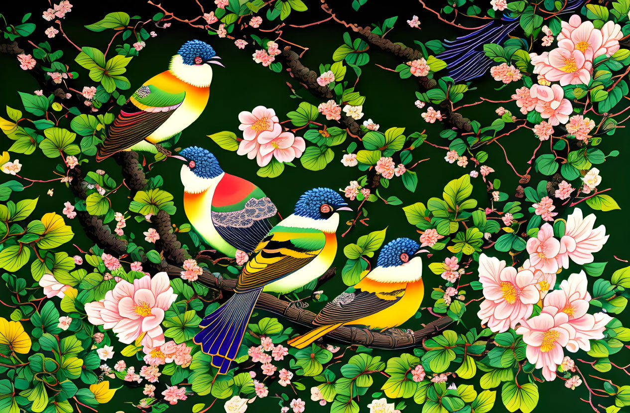 Colorful Birds Perched on Branches Among Pink Flowers and Green Foliage