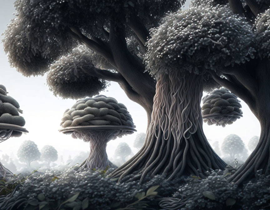 Mystical forest with towering trees and misty atmosphere