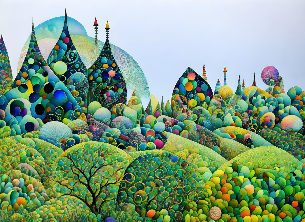 Colorful landscape with rolling hills and whimsical structures.