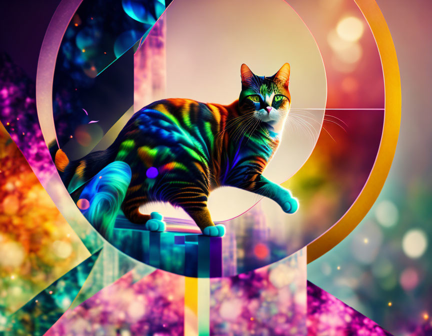 Colorful digital artwork: Cat with rainbow patterns on swirling structure