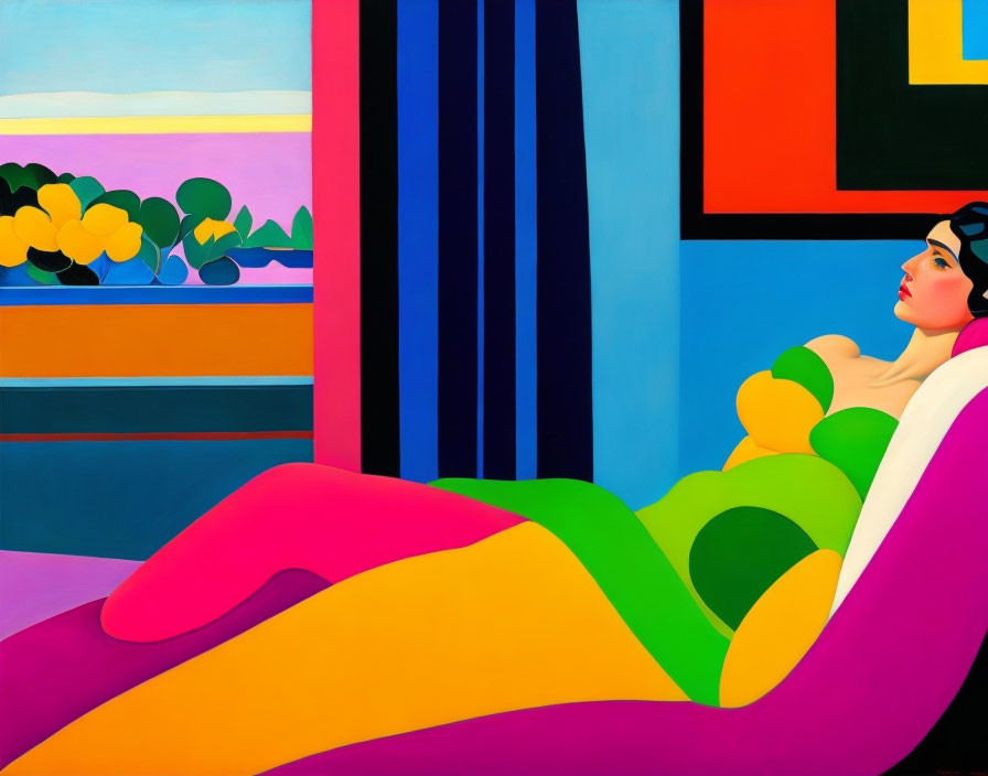 Colorful Geometric Shapes Depicting Reclining Woman in Room Landscape