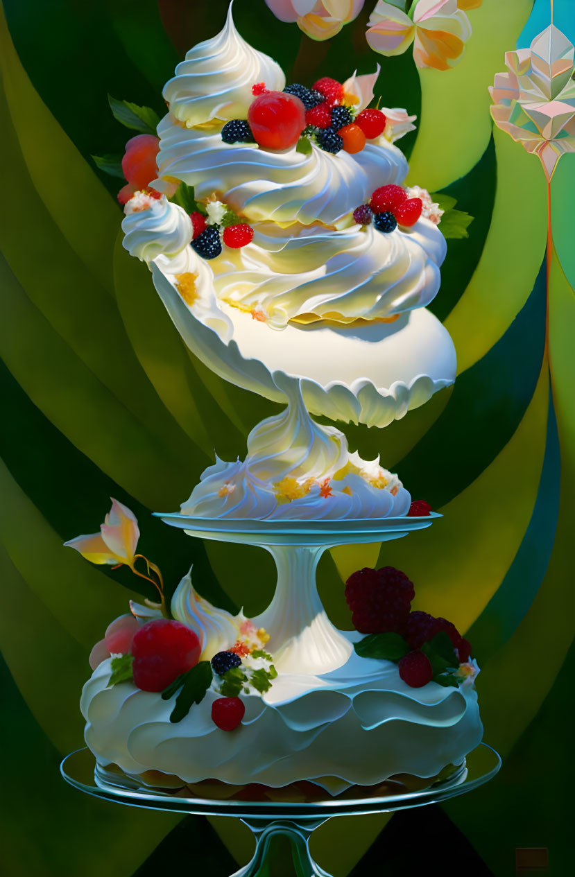 Digital artwork: Two-tiered cake with whipped cream and berries on green leaf backdrop