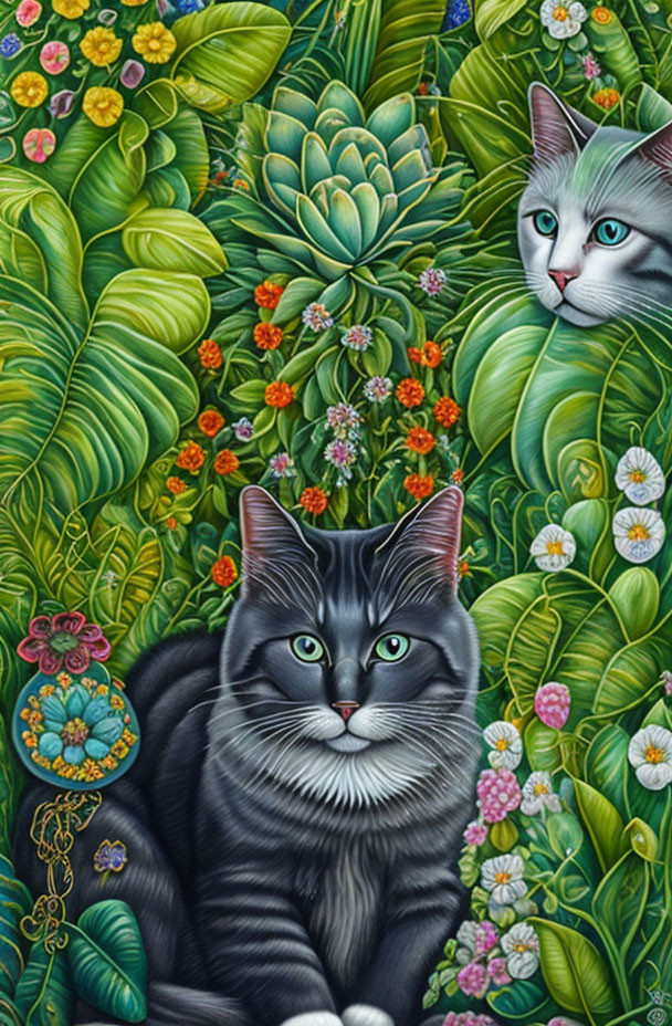 Realistic cats in lush greenery with colorful flowers and intricate details