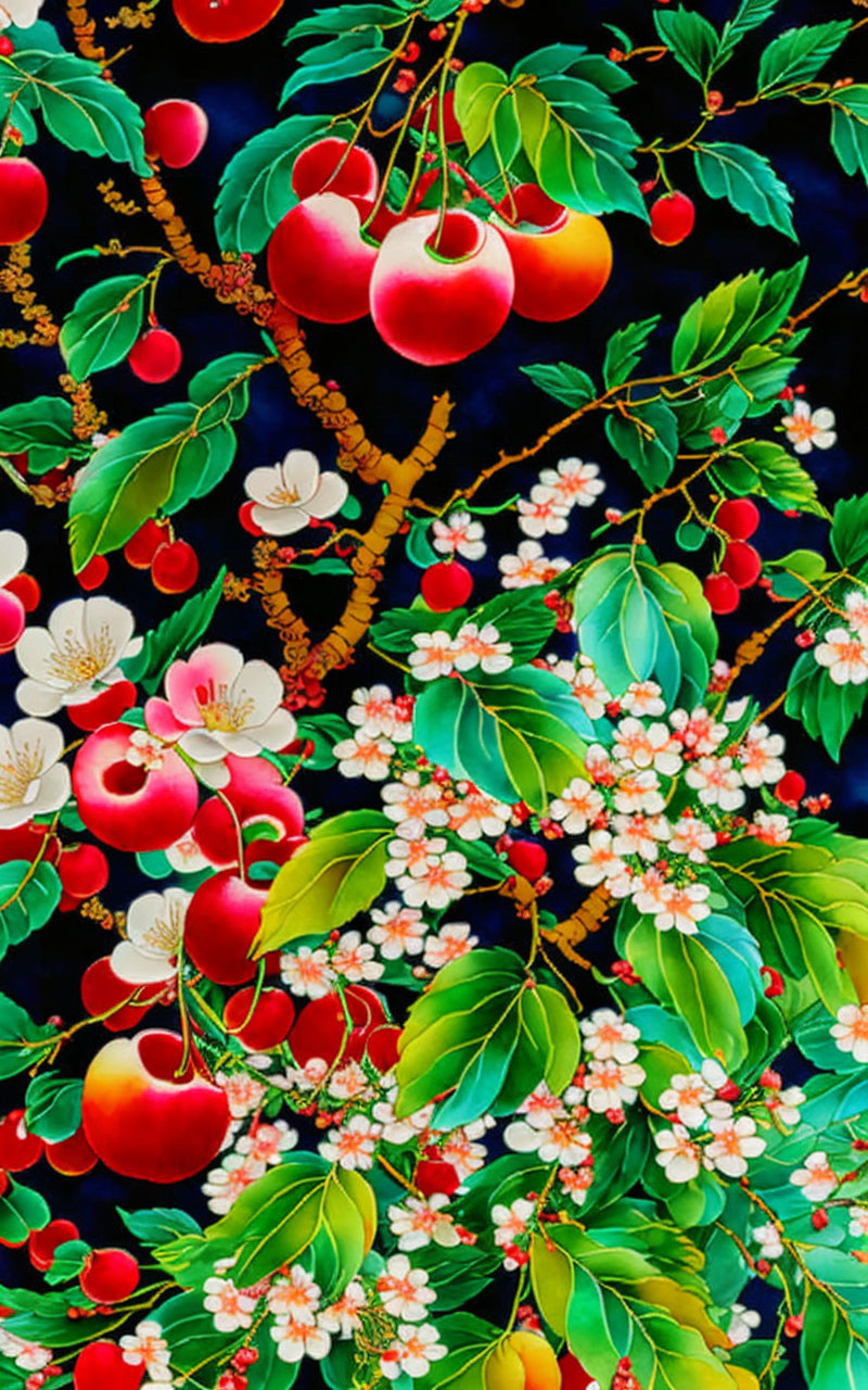 Illustration of Ripe Red Apples on Leafy Branches and White Blossoms