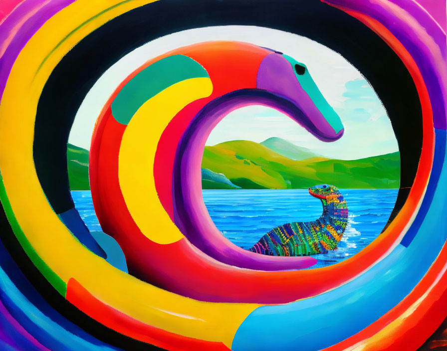 Colorful surreal painting: concentric rainbow rings, serpent creature, green hills, blue water