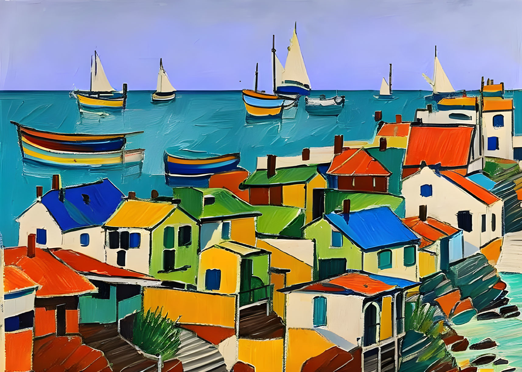 Colorful Coastal Village: Vibrant Oil Painting of Houses and Boats