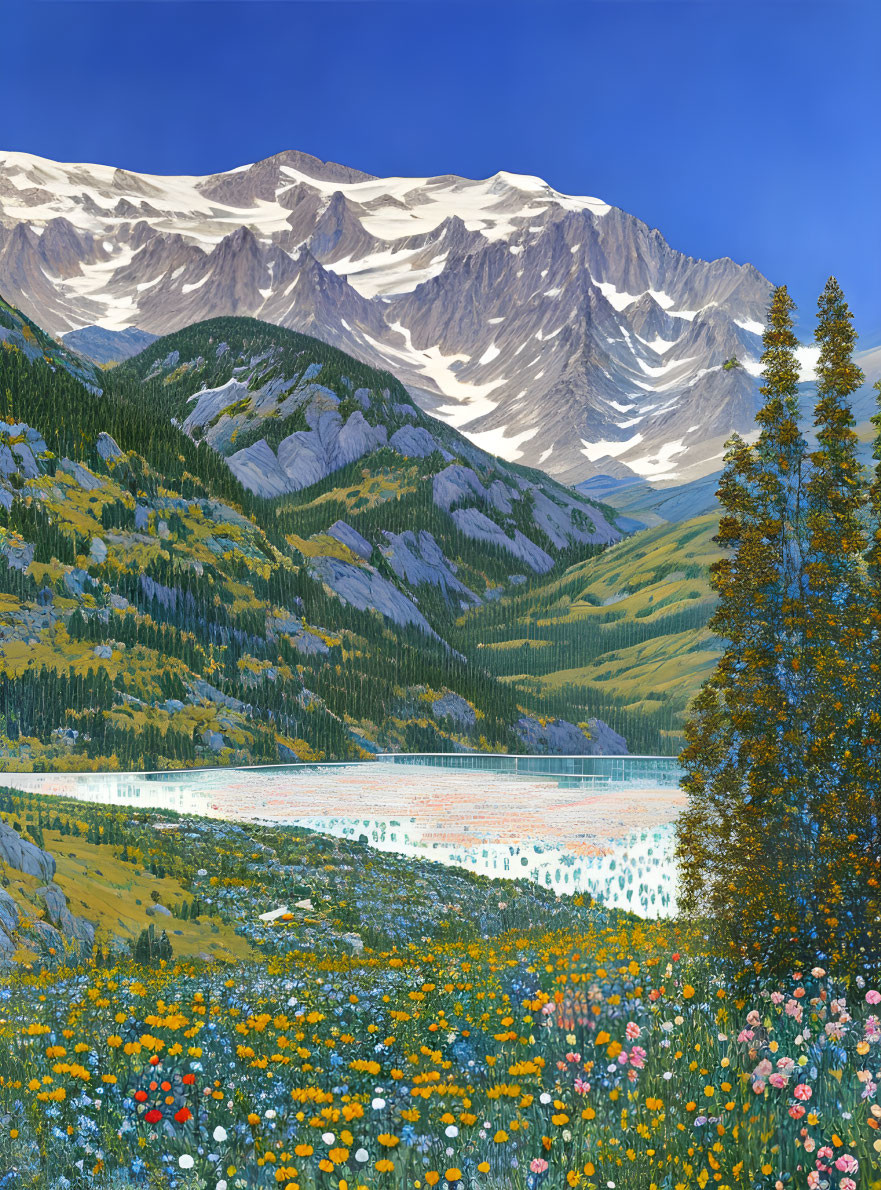 Colorful Wildflower Meadow, Lake, and Snow-Capped Mountains Landscape