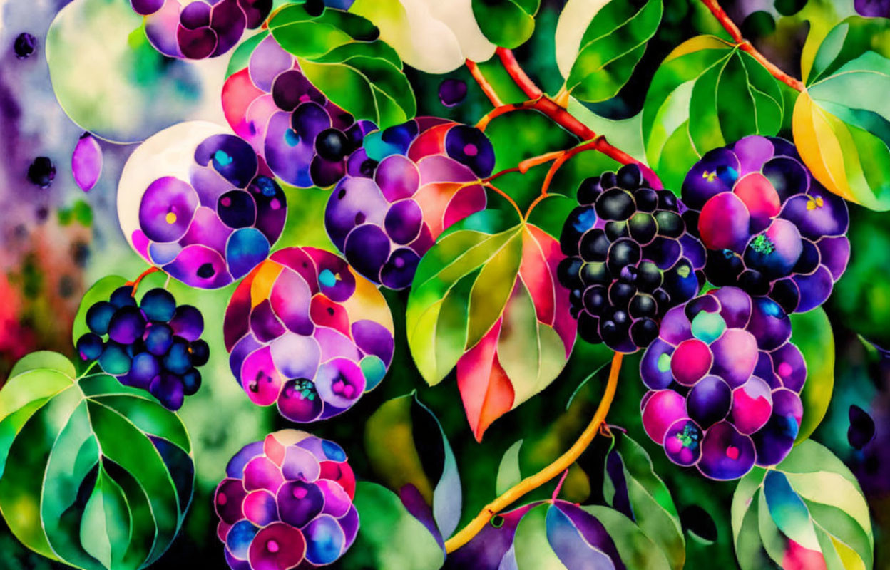 Colorful watercolor painting of grapevines and grapes in nature