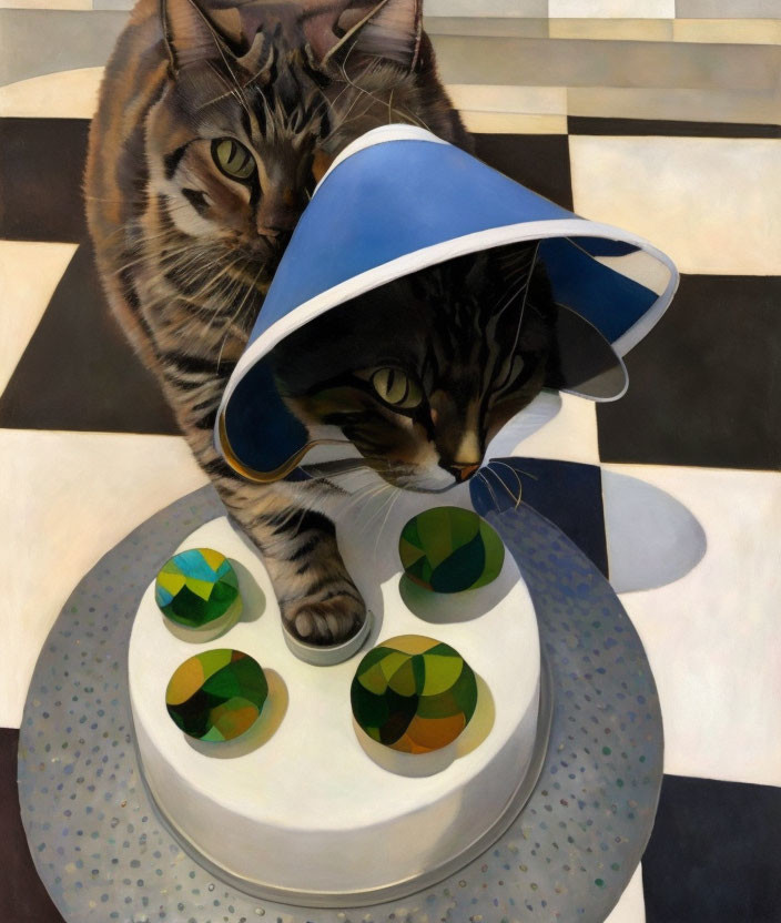 Tabby cat with cone collar observing colorful spheres on checkered floor