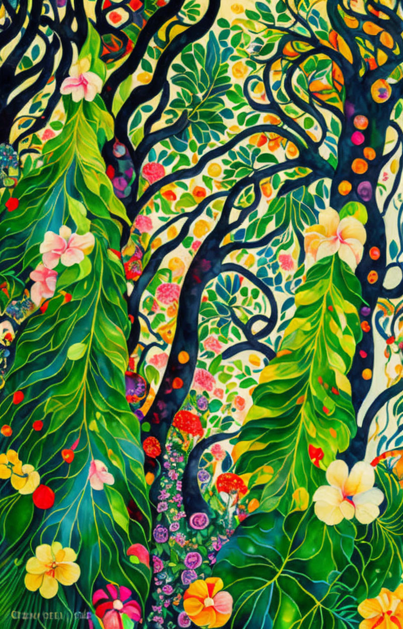 Whimsical tree painting with swirling branches and colorful foliage