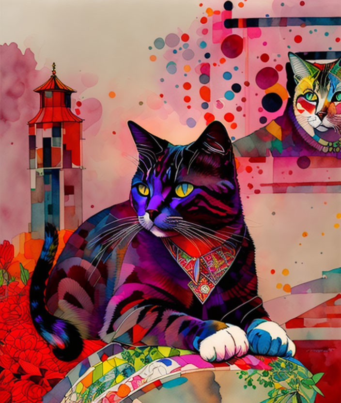 Vibrant digital artwork: stylized cat with abstract background.