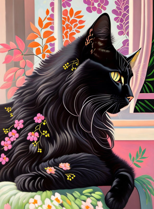 Stylized painting of a black cat with flowers in colorful nature.