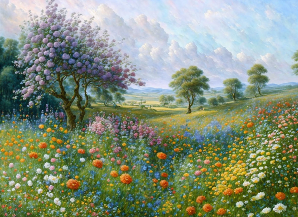 Vibrant landscape painting: blooming flower field, purple blossoms, rolling hills