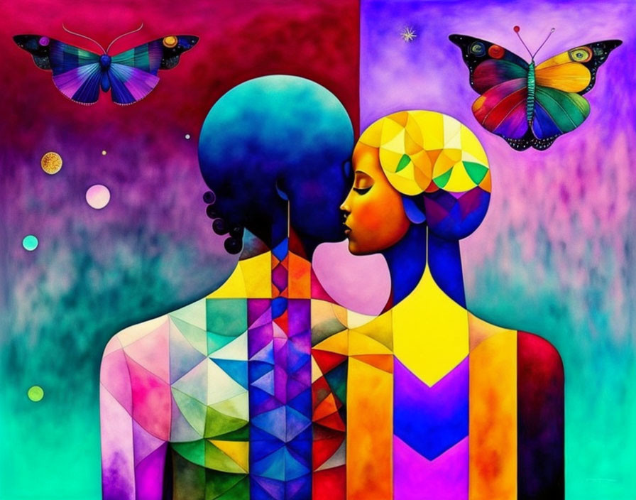 Colorful Stylized Man and Woman Profiles on Vibrant Geometric Background