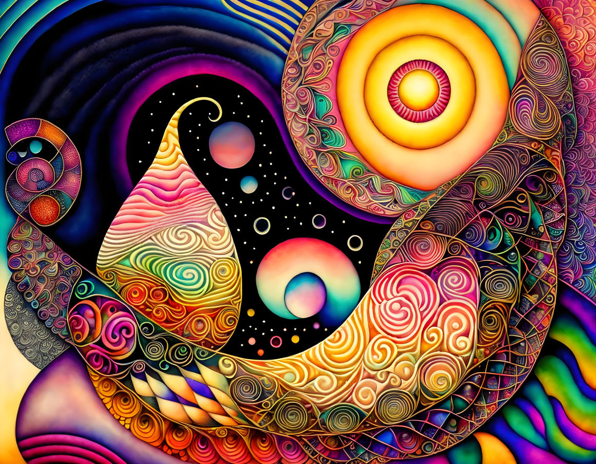 Colorful Abstract Illustration with Swirling Patterns & Cosmic Elements