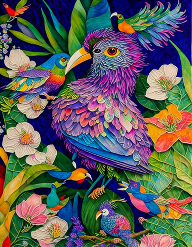 Colorful Birds and Lush Greenery in Vibrant Painting