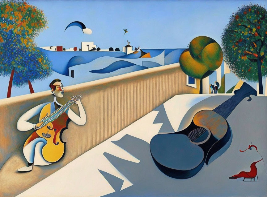 Vibrant artwork: man playing cello with giant guitar, trees, coastal landscape.