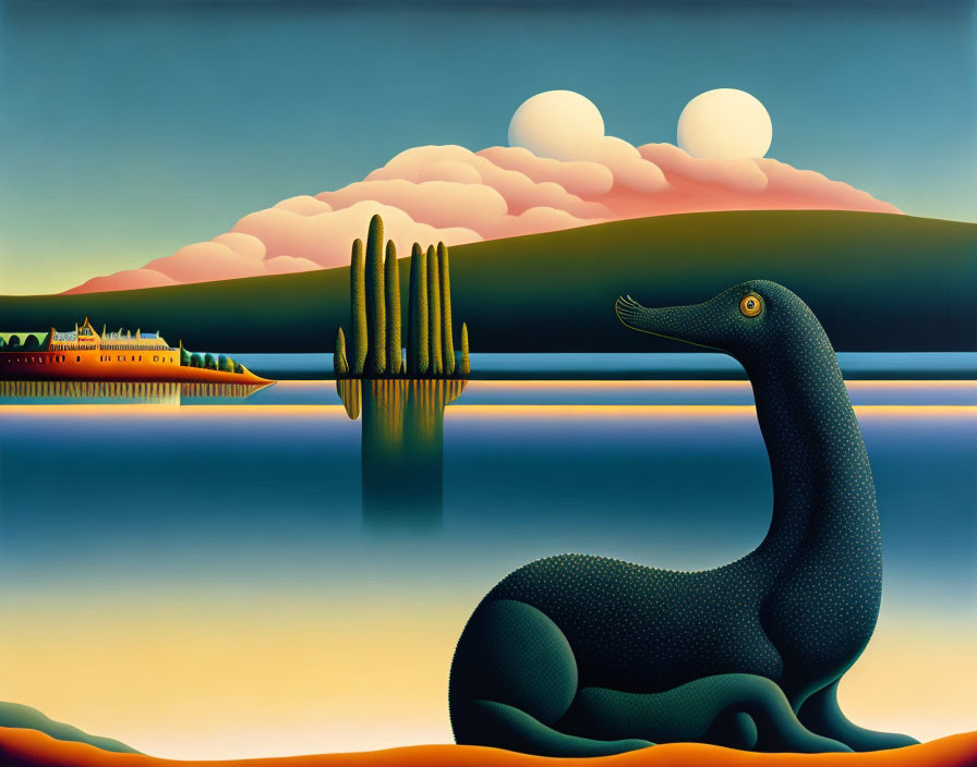 Surrealist landscape with double suns, lake, cacti, and dinosaur-like creature