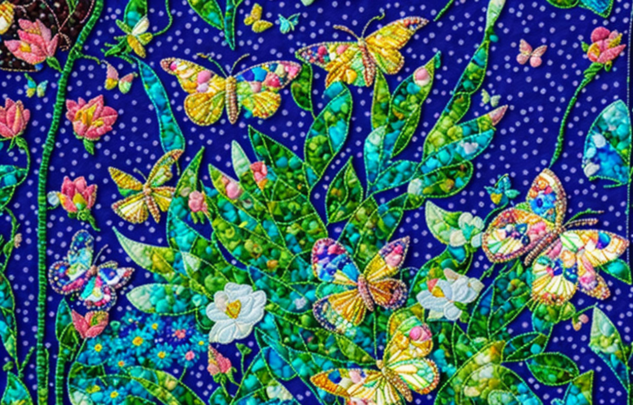 Colorful butterfly and flower textile pattern on blue polka-dotted background