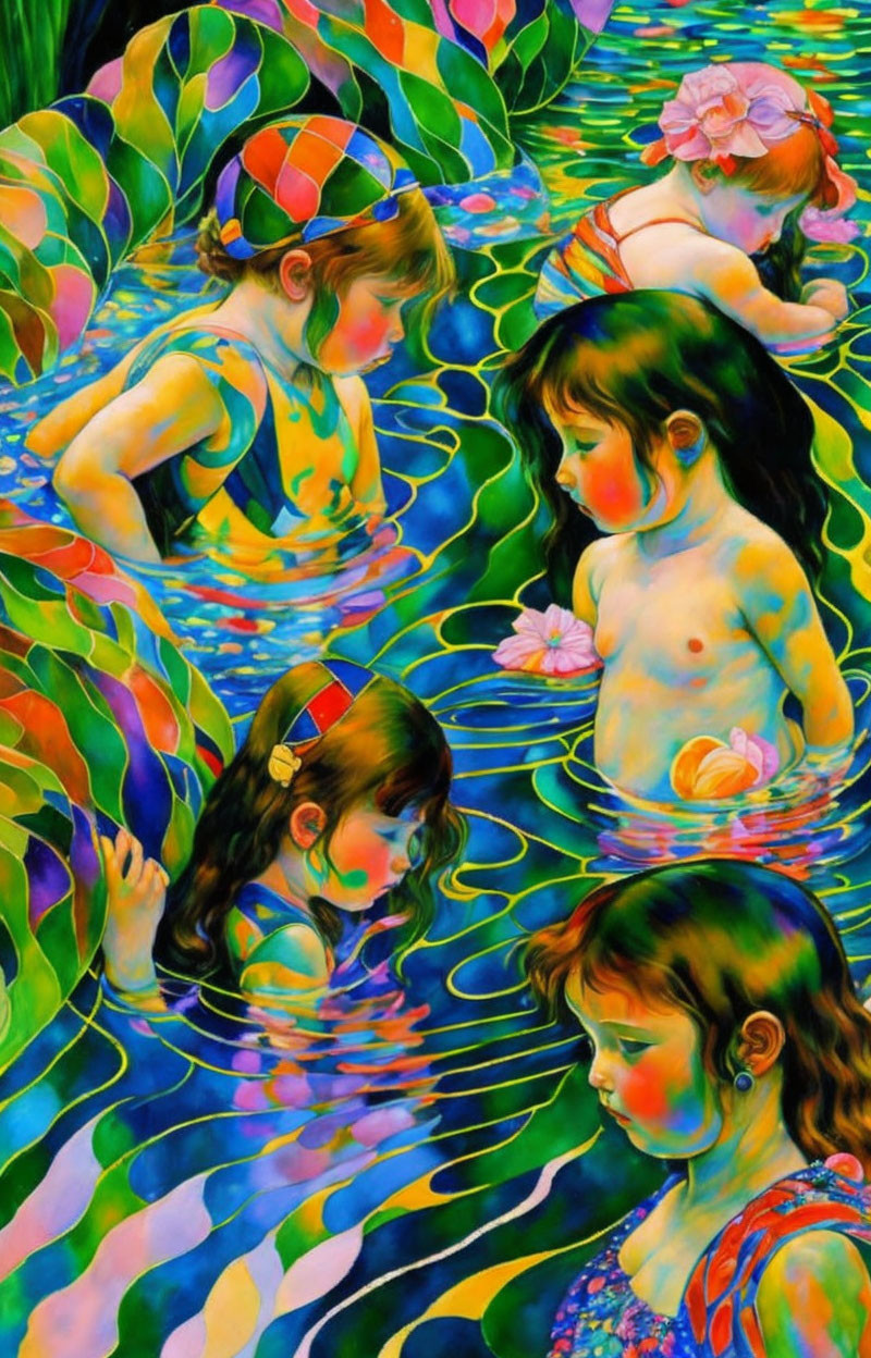 Vibrant painting of four girls in water with reflections and light patterns